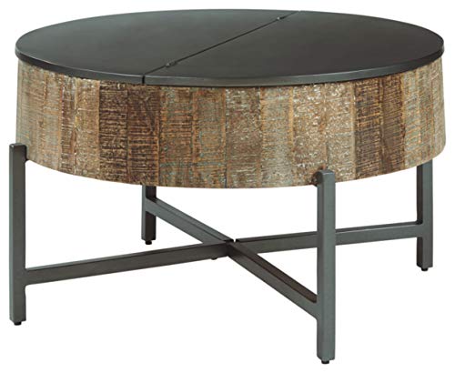 Signature Design by Ashley Nashbryn Rustic Round Coffee Table with Hidden Storage Under Lid, Brown & Black