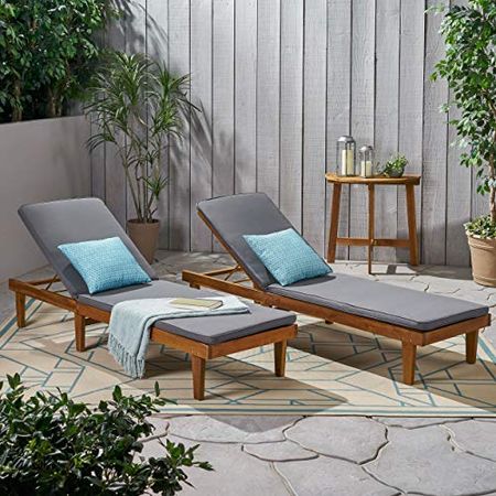 Christopher Knight Home Madge Oudoor Chaise Lounge with Cushion (Set of 2), Teak Finish, Dark Gray