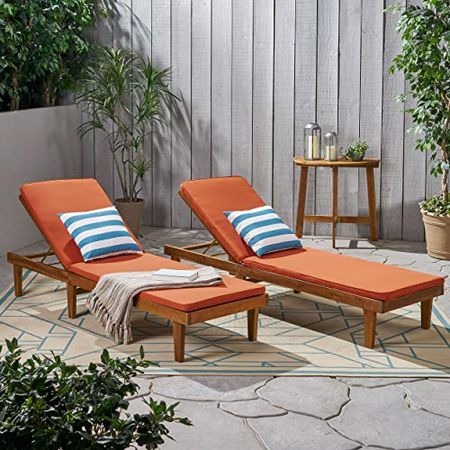 Christopher Knight Home Madge Oudoor Chaise Lounge with Cushion (Set of 2), Teak Finish, Rust Orange