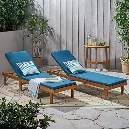 Christopher Knight Home Madge Oudoor Chaise Lounge with Cushion (Set of 2), Teak Finish, Blue