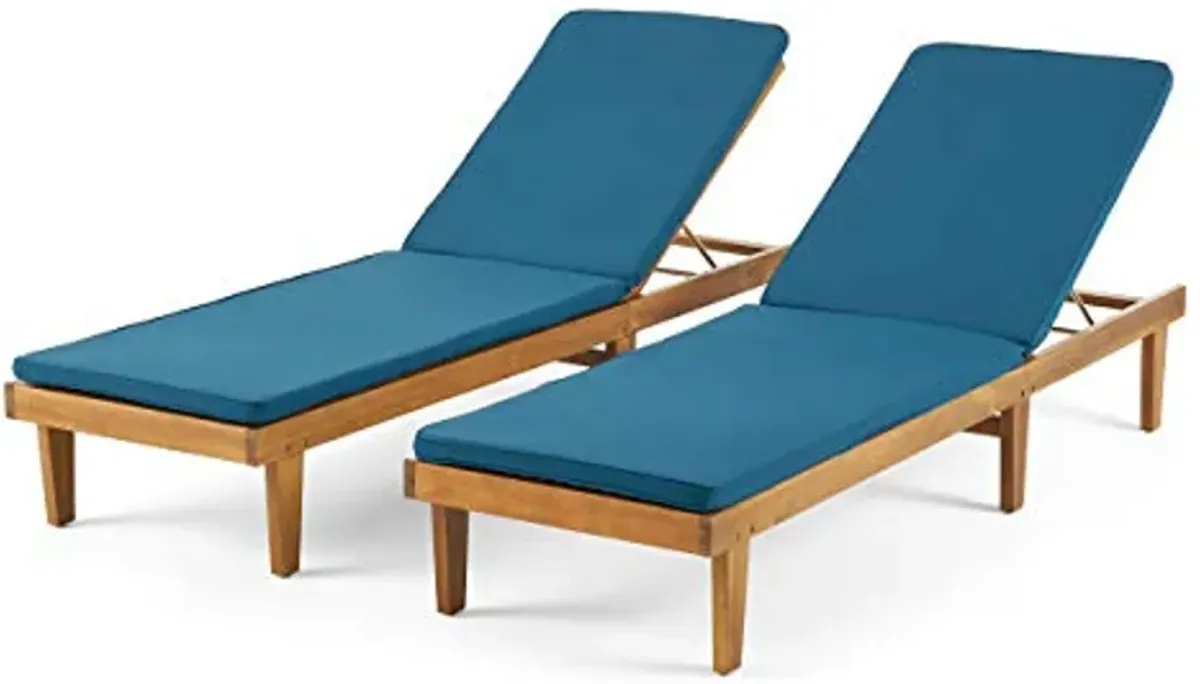 Christopher Knight Home Madge Oudoor Chaise Lounge with Cushion (Set of 2), Teak Finish, Blue