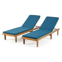 Christopher Knight Home Madge Oudoor Chaise Lounge with Cushion (Set of 2), Teak Finish, Blue