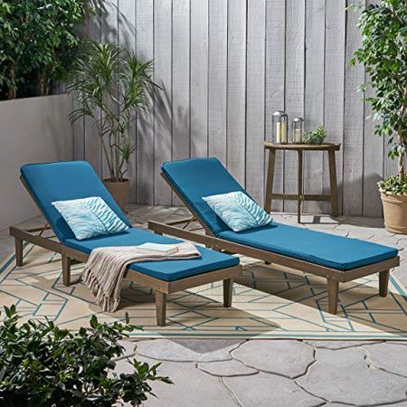 Christopher Knight Home Madge Oudoor Chaise Lounge with Cushion (Set of 2), Gray Finish, Blue