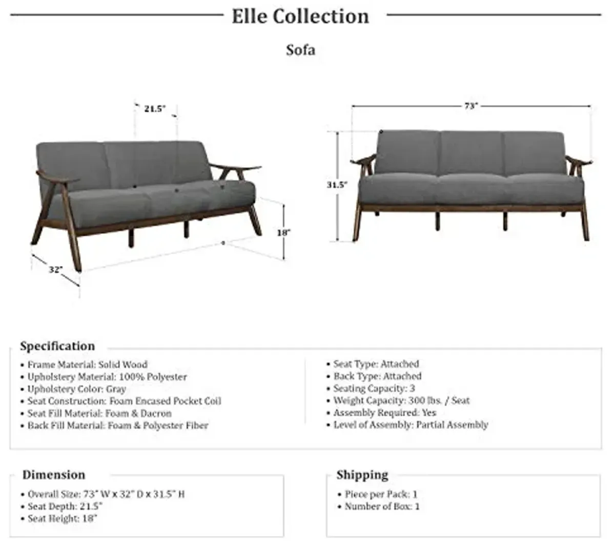 Lexicon Elle 3-Piece Sofa Set, Gray