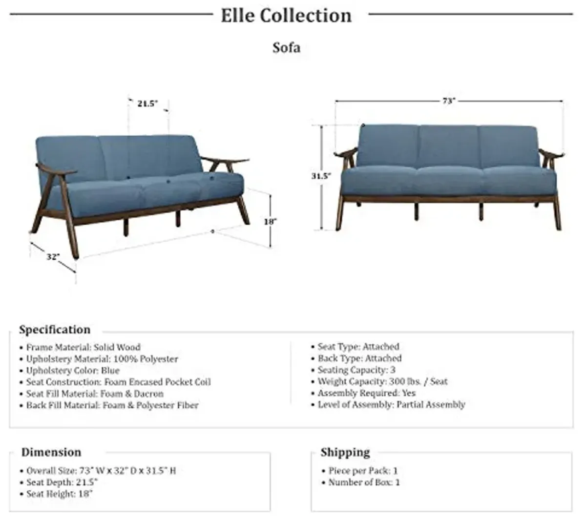 Lexicon Elle 3-Piece Living Room Set, Blue