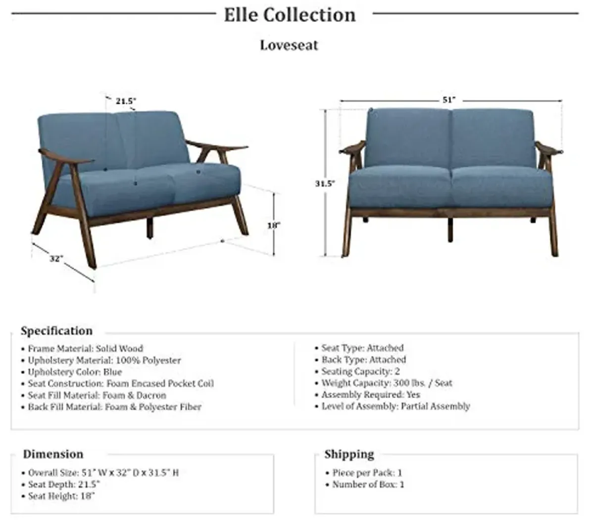 Lexicon Elle 3-Piece Living Room Set, Blue