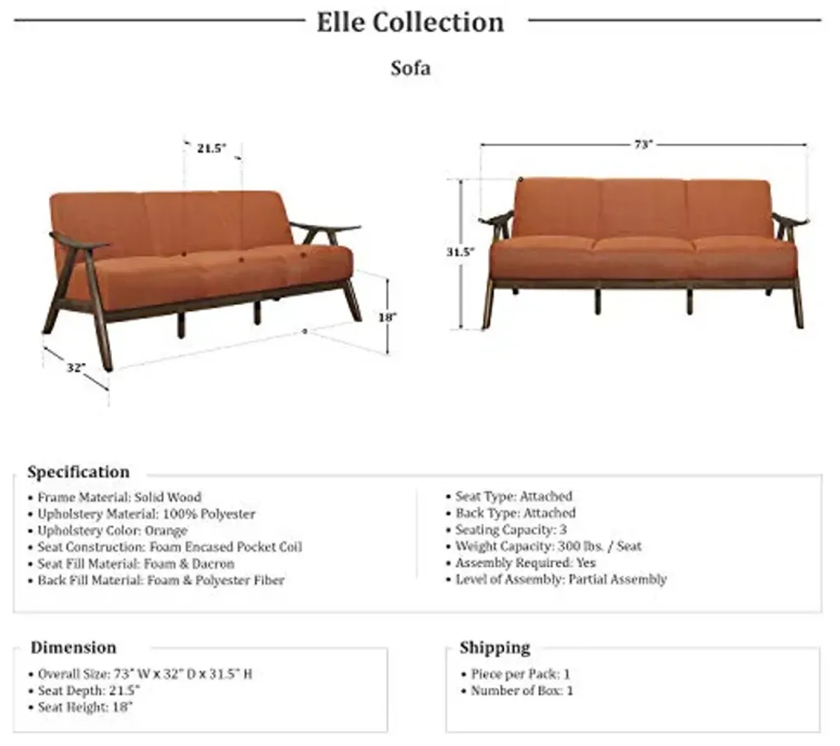 Lexicon Elle 3-Piece Living Room Set, Orange