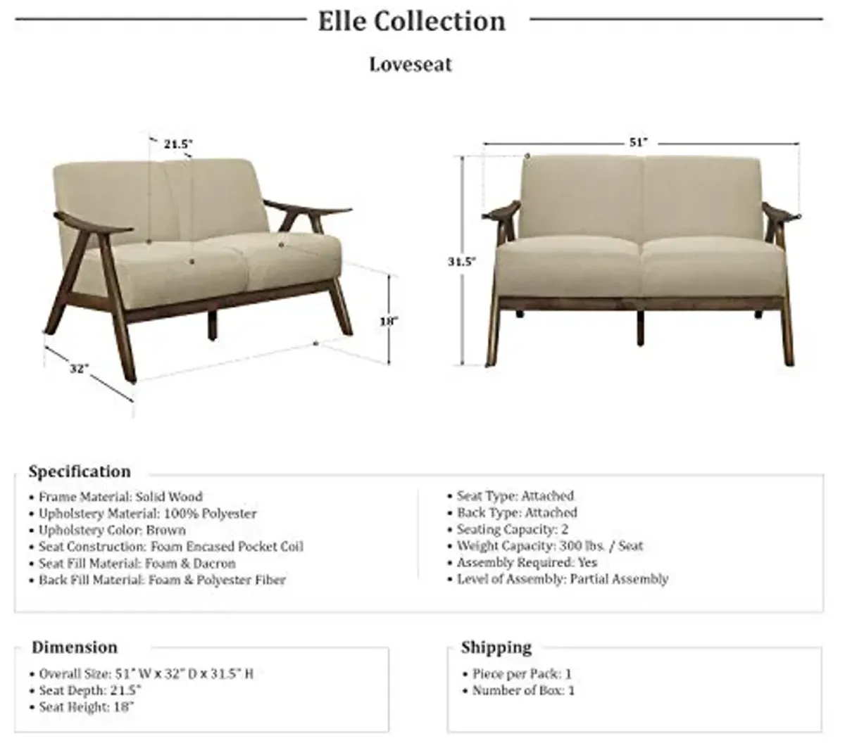 Lexicon Elle Fabric Loveseat, Beige