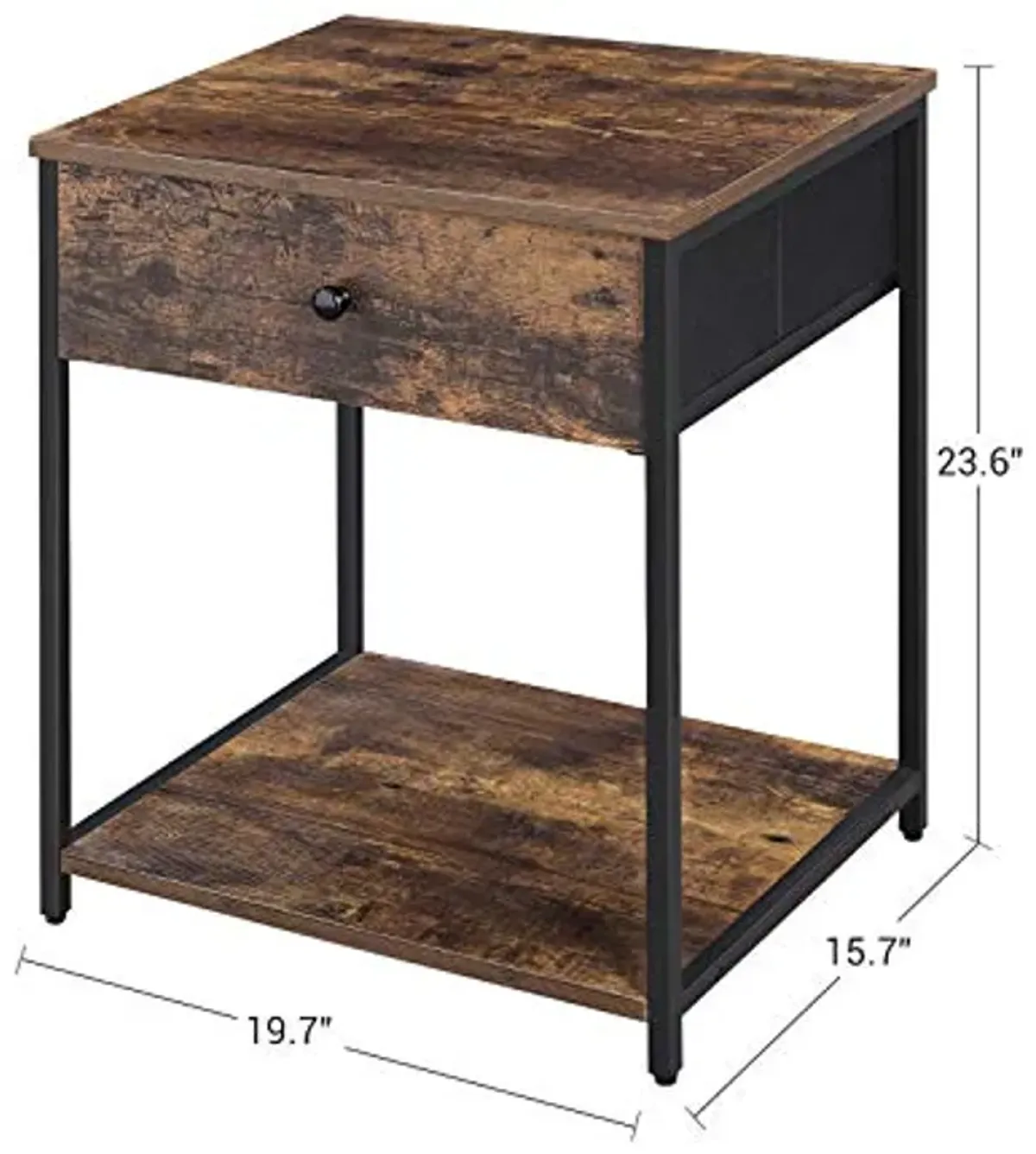 SONGMICS Rustic Nightstand, Industrial Bedside Table with Drawer, 2 Shelves, Fabric Drawer Dresser, End Table with Wooden Top and Front, Rustic Brown and Black ULGS20H