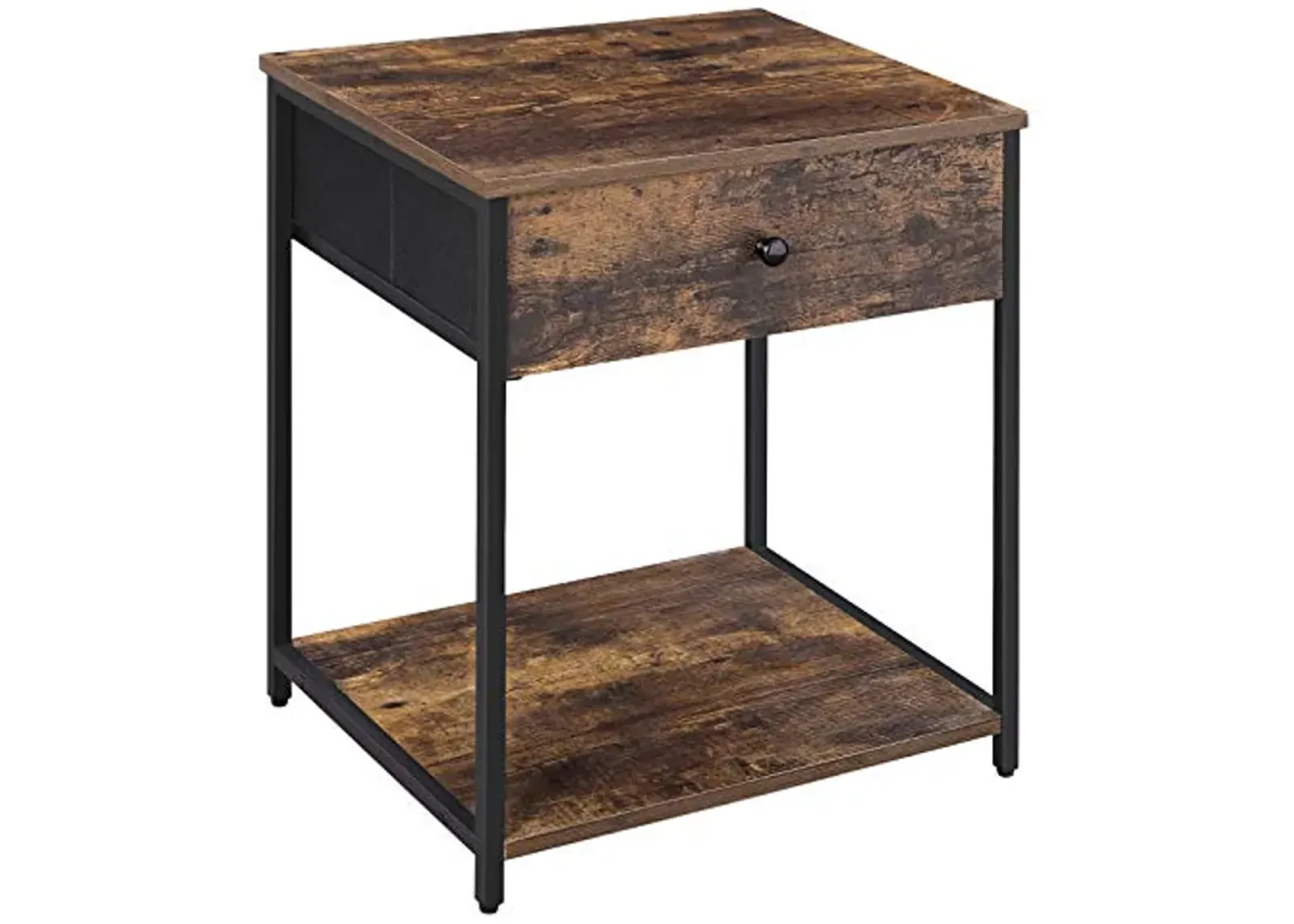 SONGMICS Rustic Nightstand, Industrial Bedside Table with Drawer, 2 Shelves, Fabric Drawer Dresser, End Table with Wooden Top and Front, Rustic Brown and Black ULGS20H