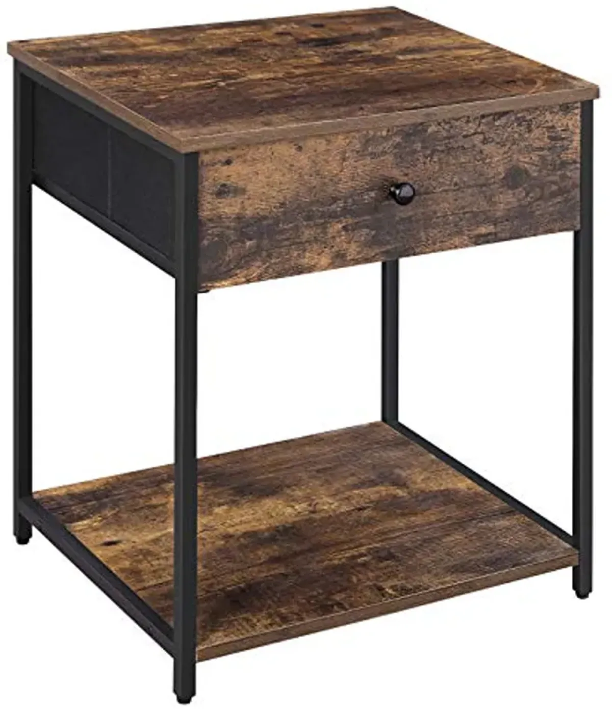 SONGMICS Rustic Nightstand, Industrial Bedside Table with Drawer, 2 Shelves, Fabric Drawer Dresser, End Table with Wooden Top and Front, Rustic Brown and Black ULGS20H