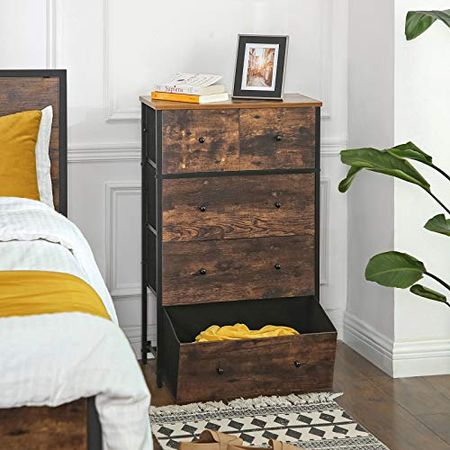 SONGMICS Drawer Dresser, Storage Dresser Tower with 5 Fabric Drawers, Wooden Front and Top, Industrial Style Dresser Unit, for Living Room, Hallway, Nursery, Brown and Black ULGS45H