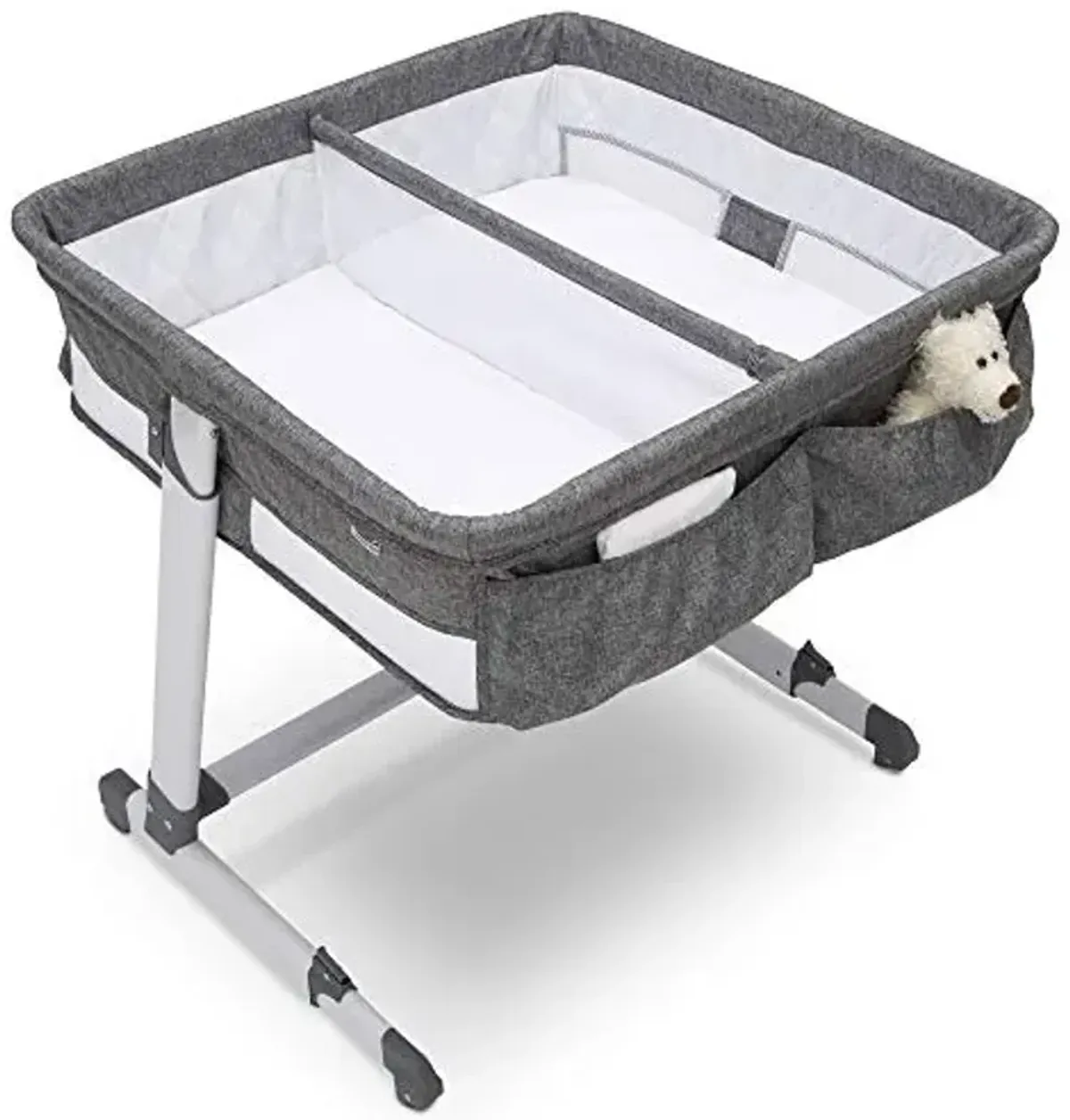 Simmons Kids By The Bed City Sleeper Bassinet for Twins - Adjustable Height Portable Crib with Wheels & Airflow Mesh, Grey Tweed