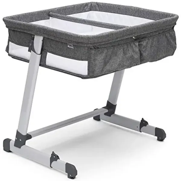 Simmons Kids By The Bed City Sleeper Bassinet for Twins - Adjustable Height Portable Crib with Wheels & Airflow Mesh, Grey Tweed