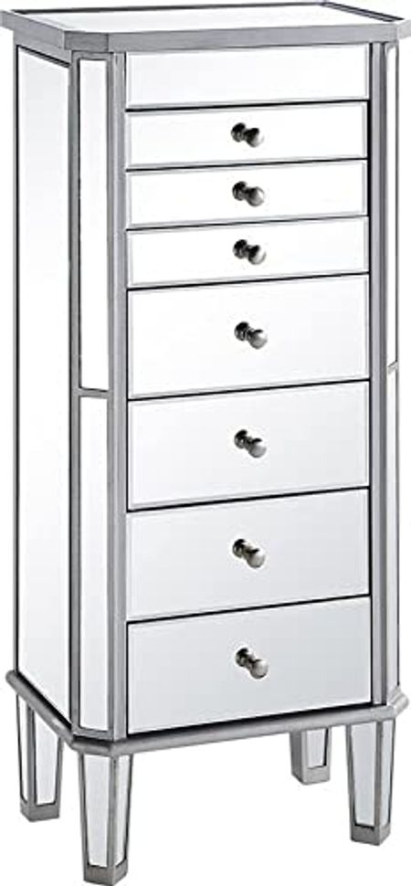 Elegant Lighting Jewelry Armoire Contemporary Silver Clear Solid Wood Mirror Flip-Top