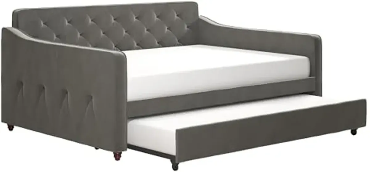 Novogratz Vintage Upholstered Full Daybed and Twin Trundle Set, Grey