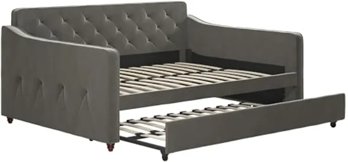 Novogratz Vintage Upholstered Full Daybed and Twin Trundle Set, Grey