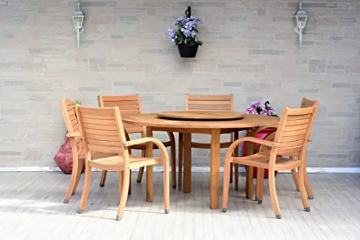 Amazonia Powell 7-Piece Wood Patio Dining Set | Round Table with Lazy Susan | Ideal for Outdoors, Light Brown-Teak Finish