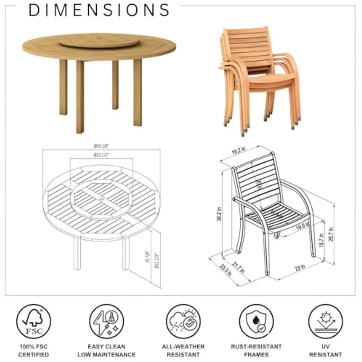 Amazonia Powell 7-Piece Wood Patio Dining Set | Round Table with Lazy Susan | Ideal for Outdoors, Light Brown-Teak Finish