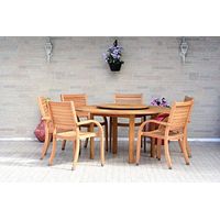 Amazonia Powell 7-Piece Wood Patio Dining Set | Round Teak Finish Table with Lazy Susan | Ideal for Outdoors, Brown