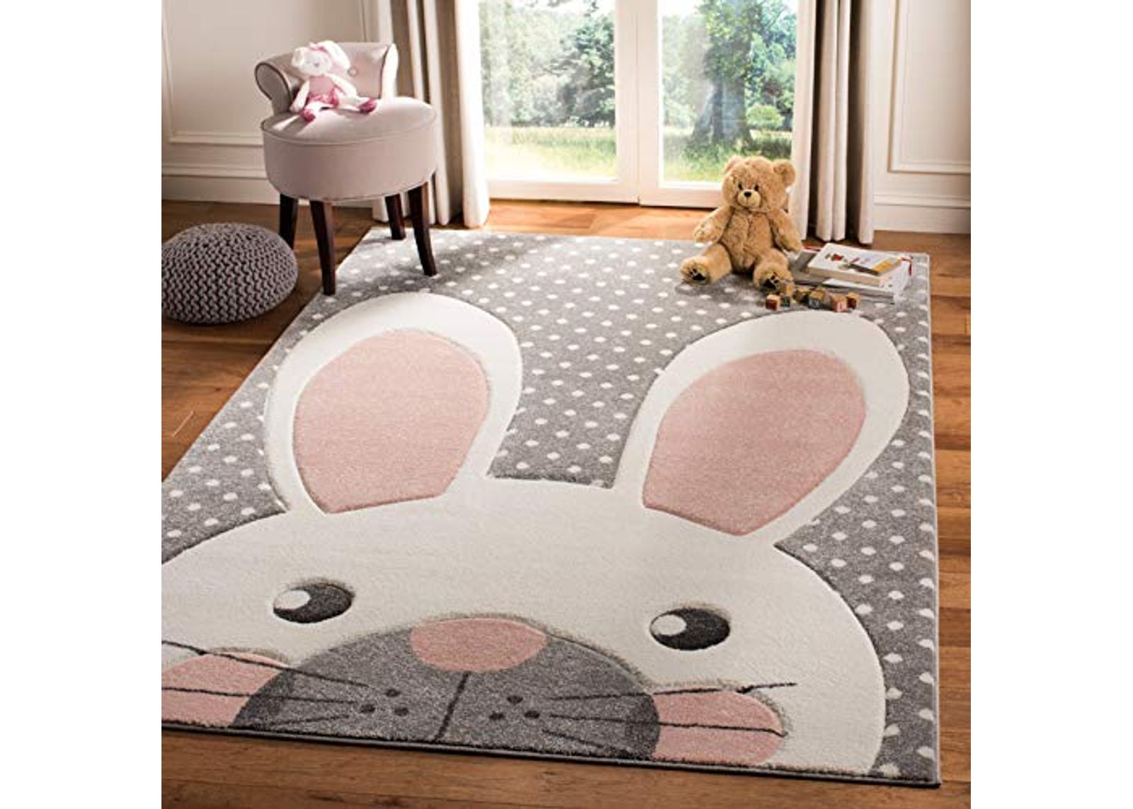 SAFAVIEH Carousel Kids Collection Area Rug - 6'7" x 9', Pink & Grey, Bunny Ear Design, Non-Shedding & Easy Care, Ideal for High Traffic Areas for Boys & Girls in Playroom, Nursery, Bedroom (CRK168P)