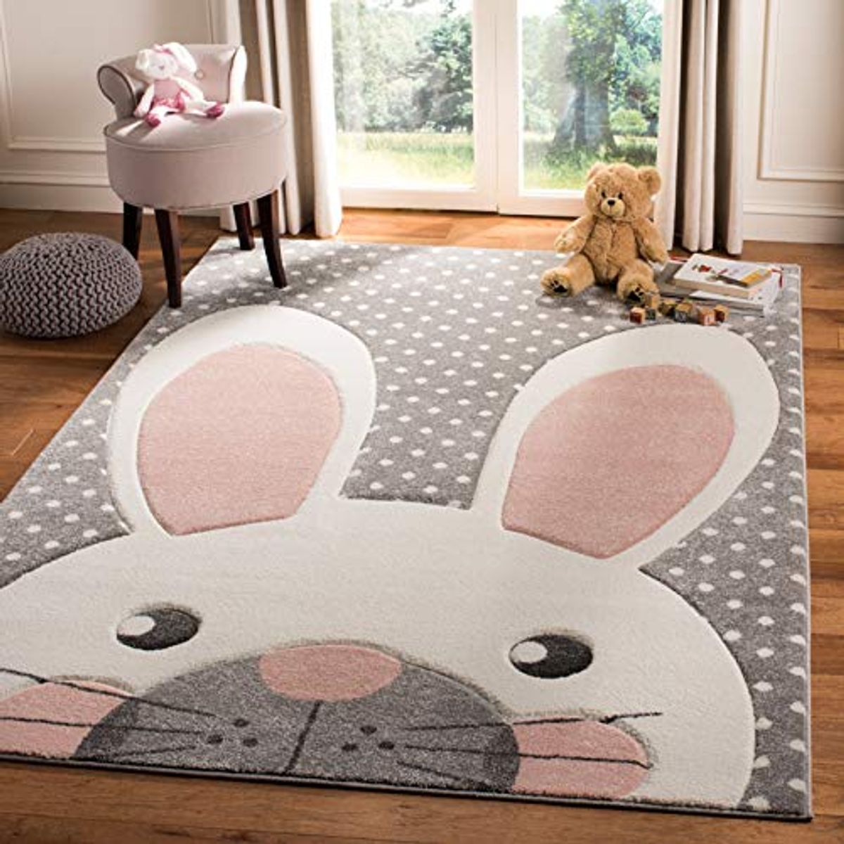 SAFAVIEH Carousel Kids Collection Area Rug - 6'7" x 9', Pink & Grey, Bunny Ear Design, Non-Shedding & Easy Care, Ideal for High Traffic Areas for Boys & Girls in Playroom, Nursery, Bedroom (CRK168P)