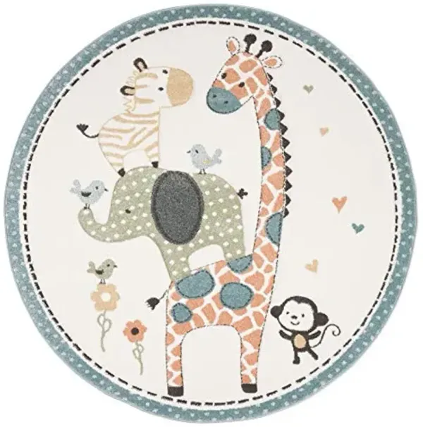 SAFAVIEH Carousel Kids Collection Area Rug - 4' Round, Ivory, Animal Design, Non-Shedding & Easy Care, Ideal for High Traffic Areas for Boys & Girls in Playroom, Nursery, Bedroom (CRK120A)