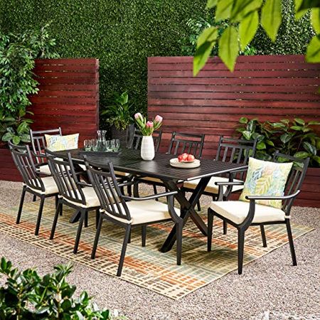 Christopher Knight Home Debby Outdoor 9 Piece Dining Set with Expandable Table, Beige, Black