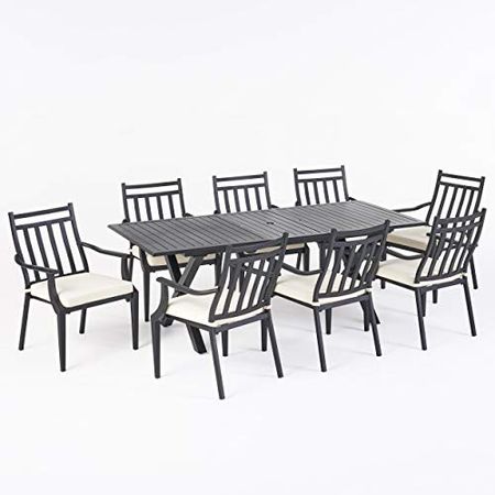 Christopher Knight Home Debby Outdoor 9 Piece Dining Set with Expandable Table, Beige, Black
