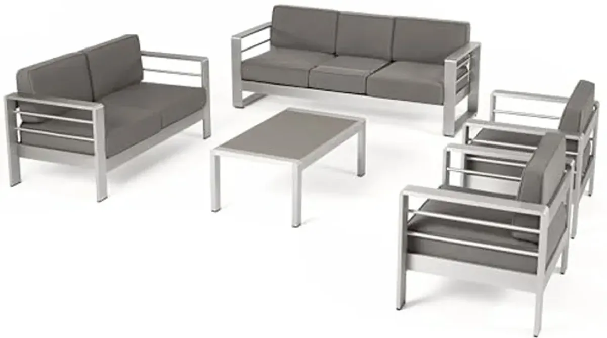 Christopher Knight Home Nicole Outdoor 7-Seater Patio Sofa Set with Coffee Table, Silver + Khaki