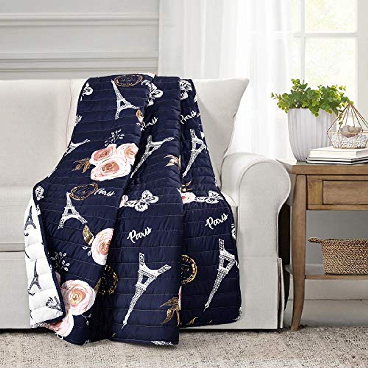 Lush Decor Reversible Throw Blanket, Navy Vintage Print with Paris-Themed Design, Soft Polyester Fabric, Cozy Couch and Bed Accent (50” x 60”)