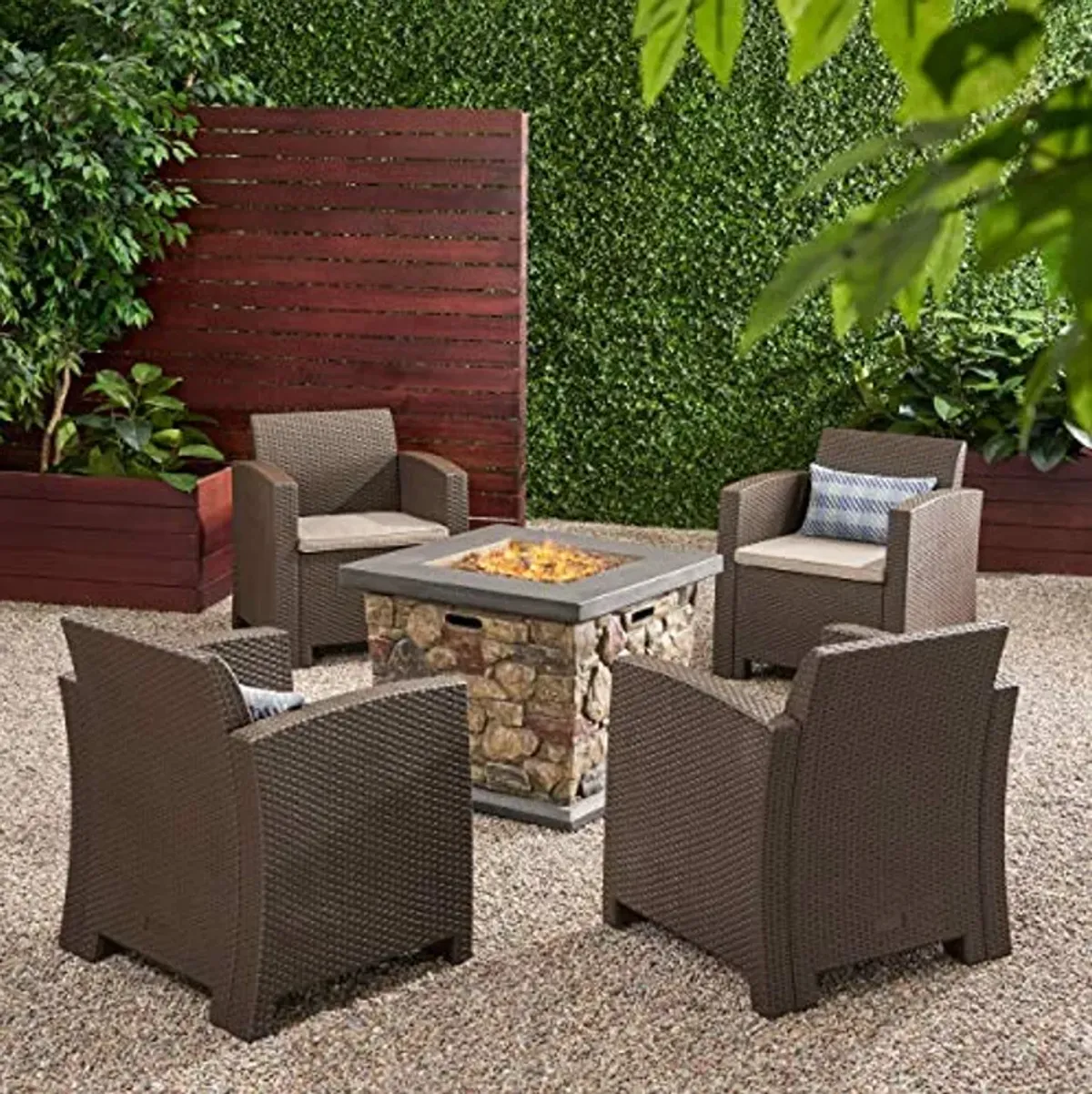 Christopher Knight Home Maggie Outdoor 4-Seater Chat Set with Fire Pit, Brown + Mixed Biege + Stone