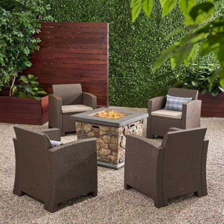 Christopher Knight Home Maggie Outdoor 4-Seater Chat Set with Fire Pit, Brown + Mixed Biege + Stone