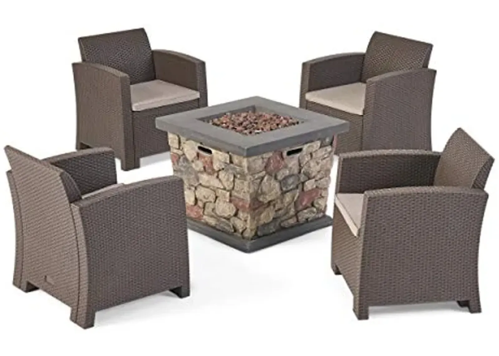 Christopher Knight Home Maggie Outdoor 4-Seater Chat Set with Fire Pit, Brown + Mixed Biege + Stone