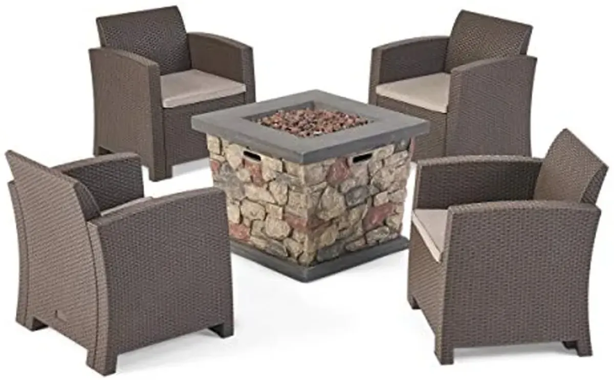 Christopher Knight Home Maggie Outdoor 4-Seater Chat Set with Fire Pit, Brown + Mixed Biege + Stone