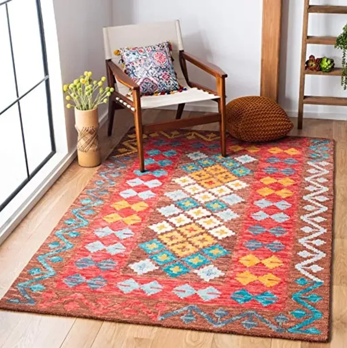 SAFAVIEH Aspen Collection Area Rug - 5' x 8', Brown & Red, Handmade Boho Tribal Wool, Ideal for High Traffic Areas in Living Room, Bedroom (APN403T)