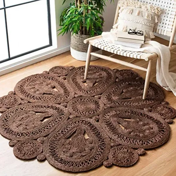SAFAVIEH Area Rug 8' Round - Natural Fiber Collection - Large - Brown, Handmade Jute, Decorative Boho Floral Design (NF360T)