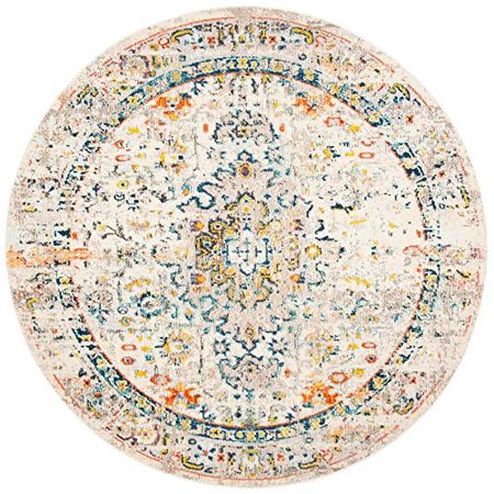 SAFAVIEH Madison Collection 5' Round Cream/Blue MAD474B Boho Distressed Medallion Non-Shedding Dining Room Entryway Foyer Living Room Bedroom Area Rug