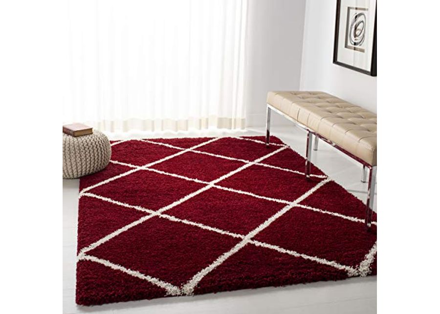 SAFAVIEH Hudson Shag Collection 10' x 14' Red / Ivory SGH281R Modern Diamond Trellis Non-Shedding Living Room Bedroom Dining Room Entryway Plush 2-inch Thick Area Rug