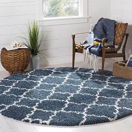 SAFAVIEH Hudson Shag Collection 5' Round Slate Blue/Ivory SGH282L Moroccan Trellis Non-Shedding Living Room Bedroom Dining Room Entryway Plush 2-inch Thick Area Rug
