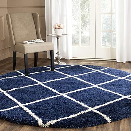 SAFAVIEH Hudson Shag Collection 3' Round Navy/Ivory SGH281C Modern Diamond Trellis Non-Shedding Living Room Bedroom Dining Room Entryway Plush 2-inch Thick Area Rug