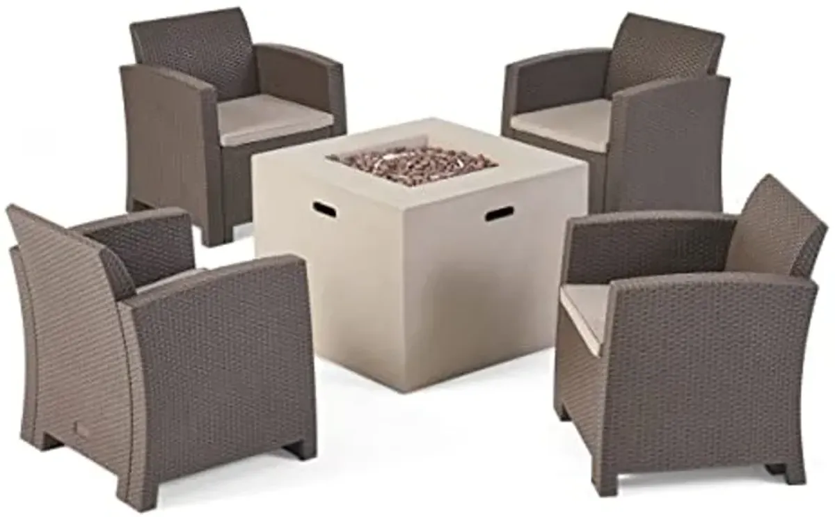 Christopher Knight Home Nicole Outdoor 4-Seater Chat Set with Fire Pit, Brown + Mixed Biege + Light Gray