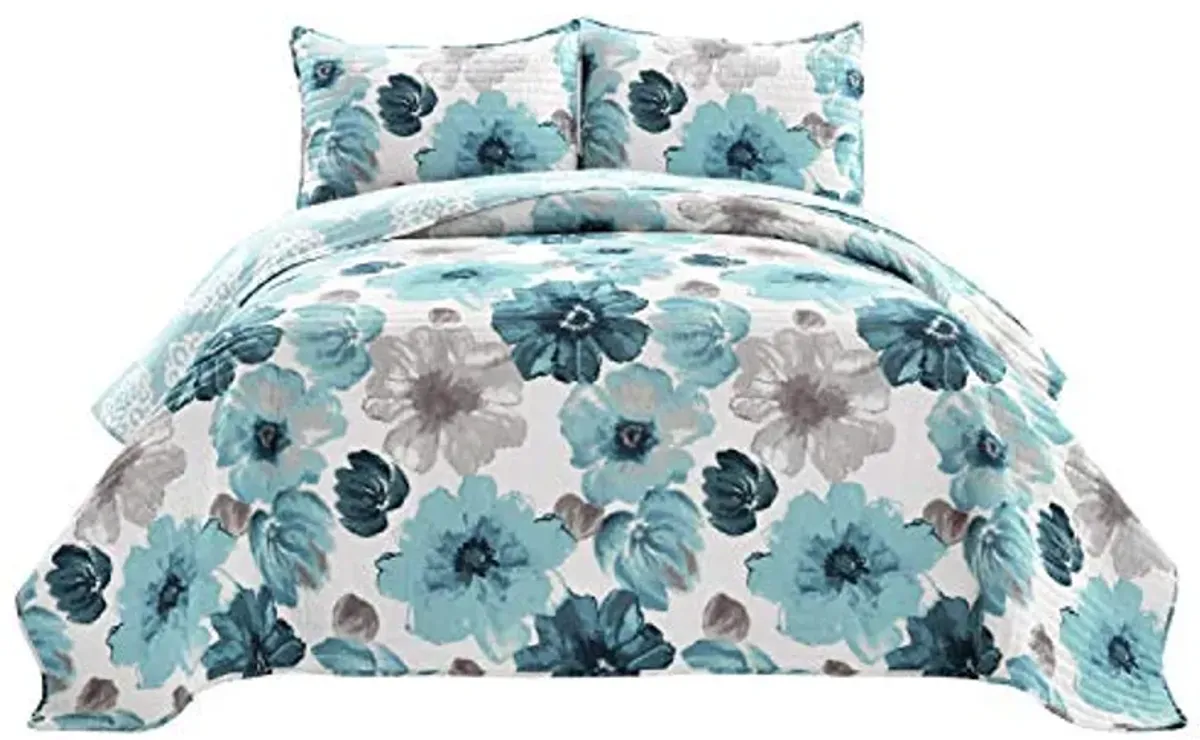 Lush Decor Leah Reversible Floral Quilt Set, 3 Piece Set, King, Blue - Charming Floral Bedding Set - Large Blooming Watercolor Flowers