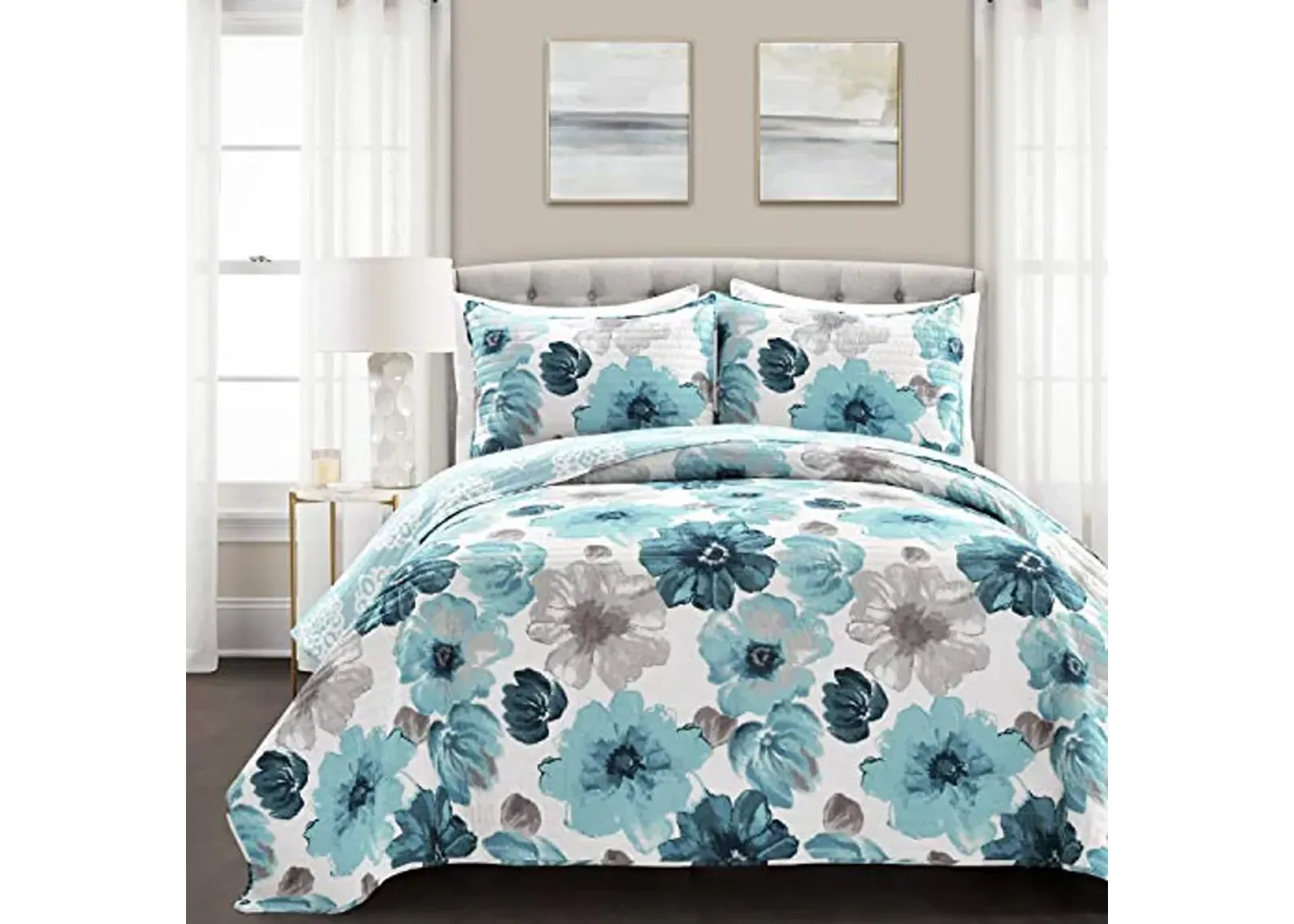 Lush Decor Leah Reversible Floral Quilt Set, 3 Piece Set, King, Blue - Charming Floral Bedding Set - Large Blooming Watercolor Flowers