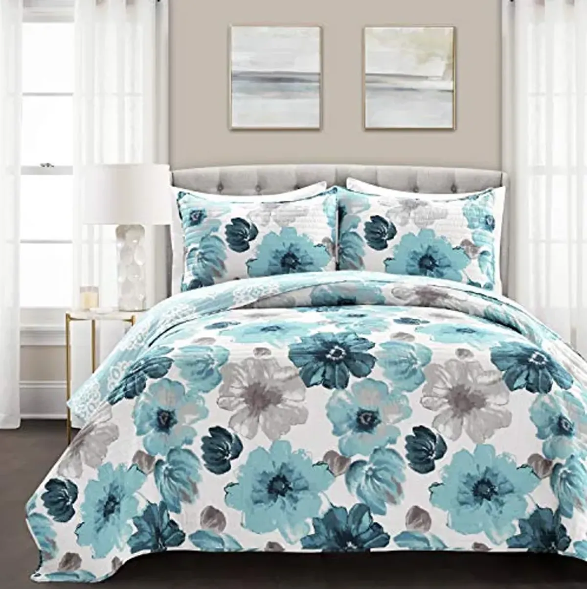 Lush Decor Leah Reversible Floral Quilt Set, 3 Piece Set, King, Blue - Charming Floral Bedding Set - Large Blooming Watercolor Flowers