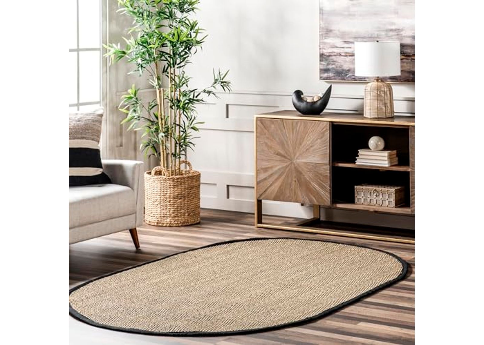 nuLOOM Larnaca Seagrass Herringbone Indoor/Outdoor Area Rug, 5' x 8' Oval, Black