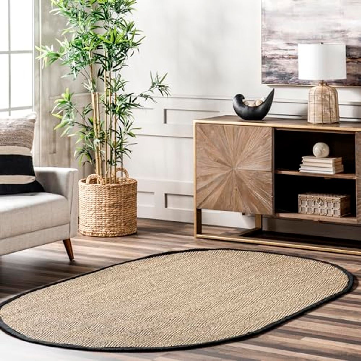 nuLOOM Larnaca Seagrass Herringbone Indoor/Outdoor Area Rug, 5' x 8' Oval, Black