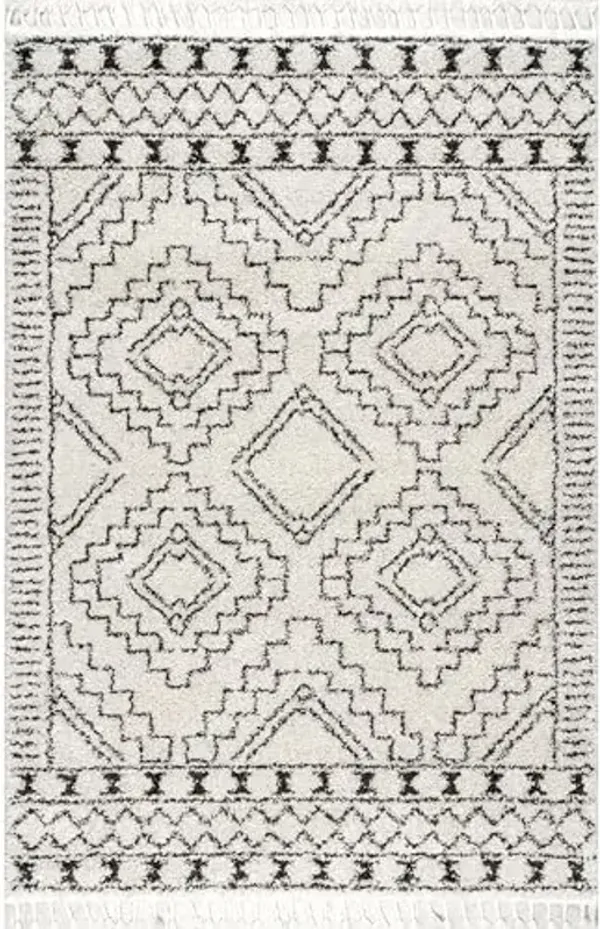 Nuloom Vasiliki Off-White/Charcoal, 5' Square, Moroccan Shag, Tassel, Soft and Plush, High Traffic, Stain Resistant, Easy Clean, Durable Area Rug for Bedroom, Living Room, Dining Space, Den, Foyer