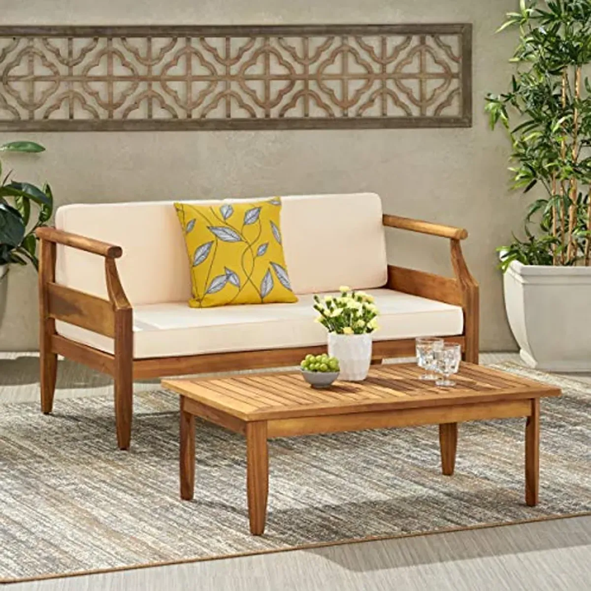 Christopher Knight Home Gallia Outdoor Loveseat Set, Teak Finish, Cream