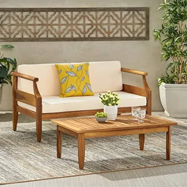 Christopher Knight Home Gallia Outdoor Mid Century Modern Acacia Wood Loveseat Set, Teak and Cream